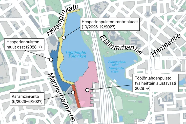 Kartta. Töölönlahden ympäristöä kunnostetaan uuteen loistoon pala kerrallaan.