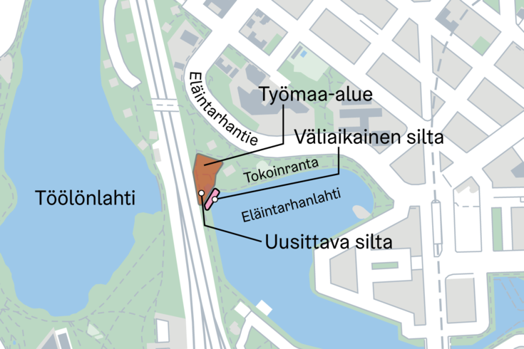 Kartta, johon on merkattu työalue ja väliaikainen silta.