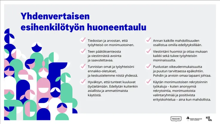Yhdenvertaisen esihenkilötyön huoneentaulu.