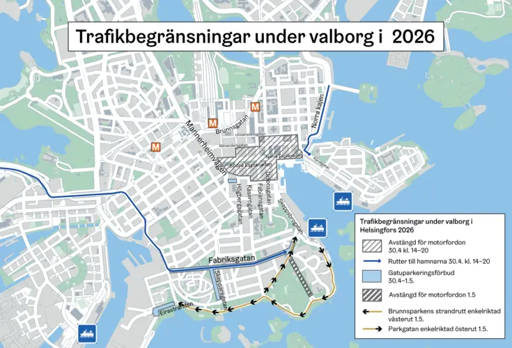 På kartan trafikbegränsningar under valborg i 2026.