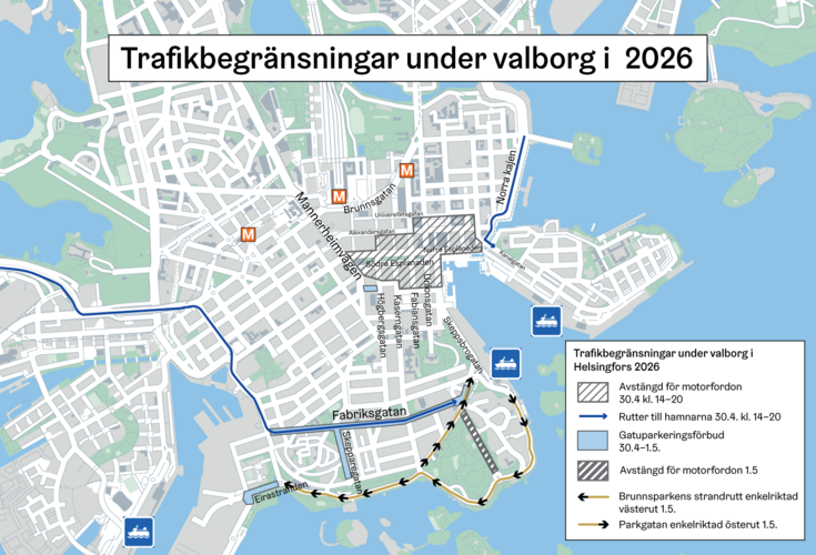 På kartan trafikbegränsningar under valborg i 2026.