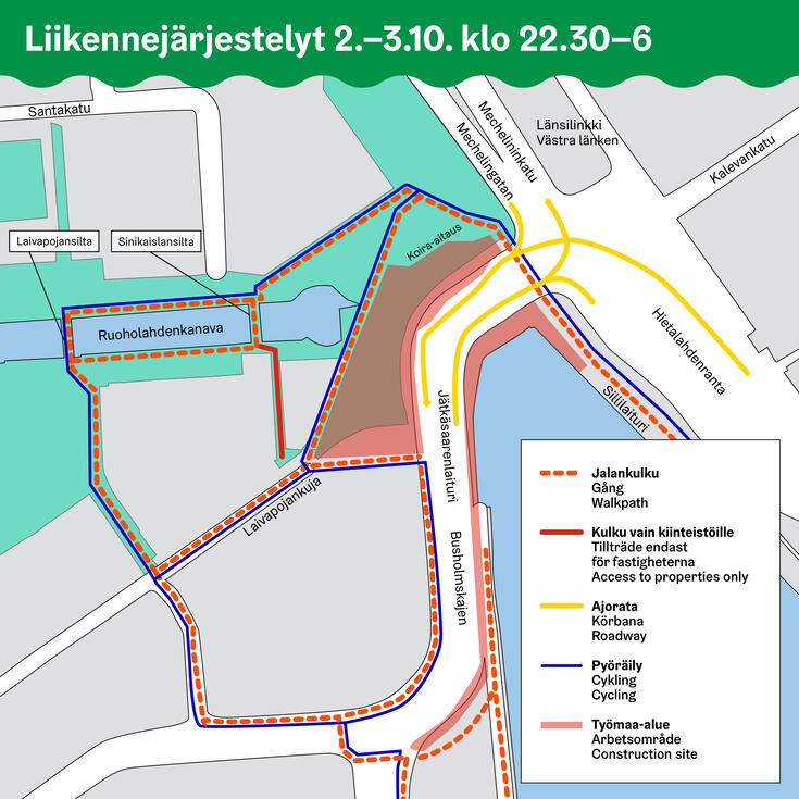 Karttakuva viikon 40 yötöiden aikaisista liikennejärjestelyistä