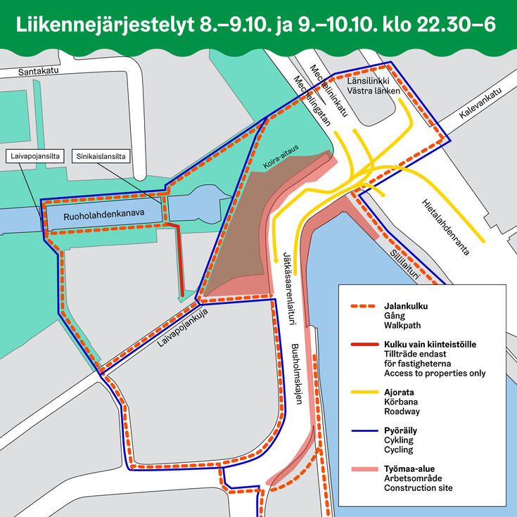 Karttakuva viikon 41 yötöiden aikaisista liikennejärjestelyistä Jätkäsaarensillalla