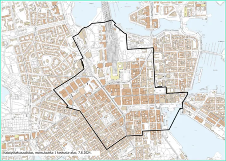 Ydinkeskusta-alueen rajaus kartalla.