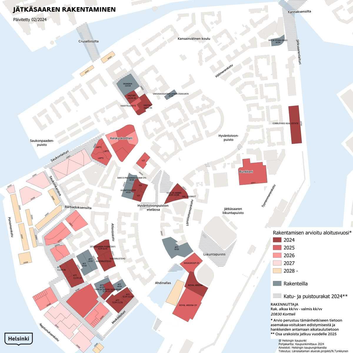 Jätkäsaaren rakentamisaikatauluja kartalla. Kuva: Helsingin kaupunki