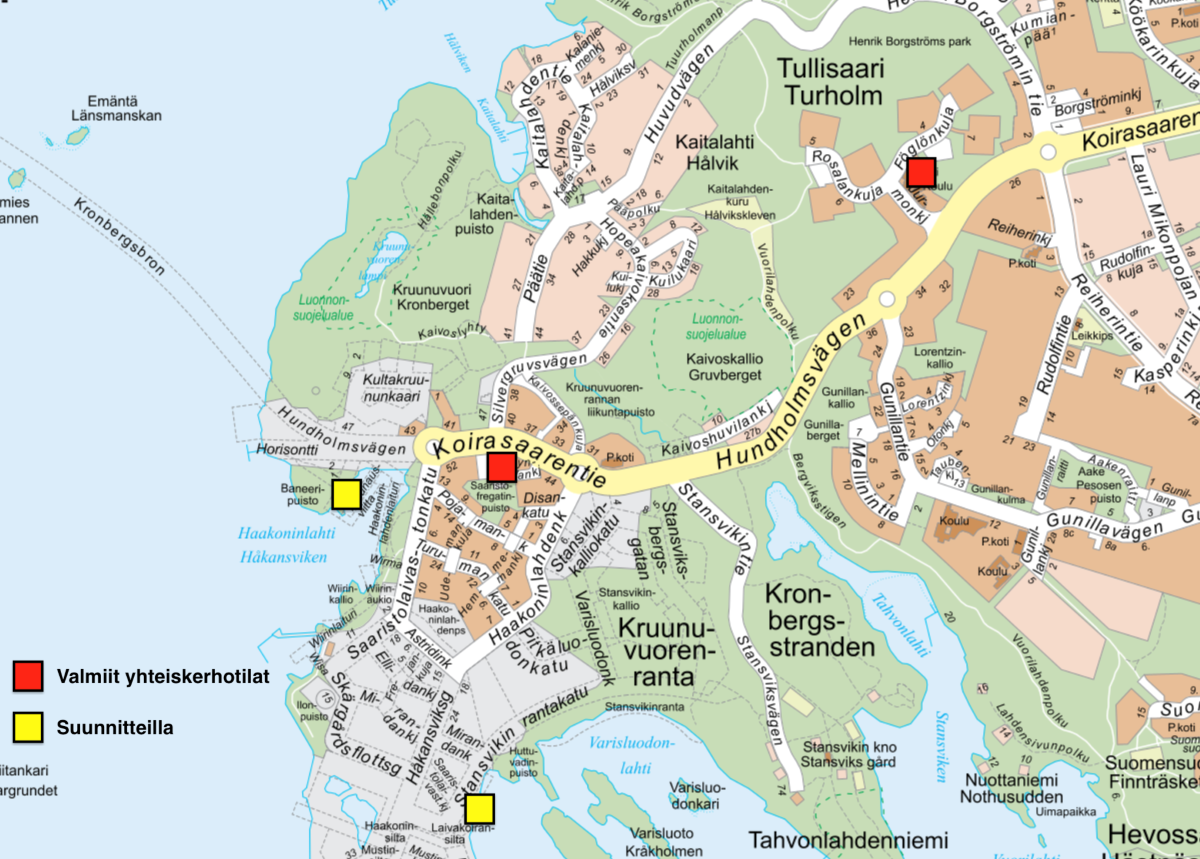 Kruunuvuorenrannan yhteiskäyttötilat merkittynä kartalle.
