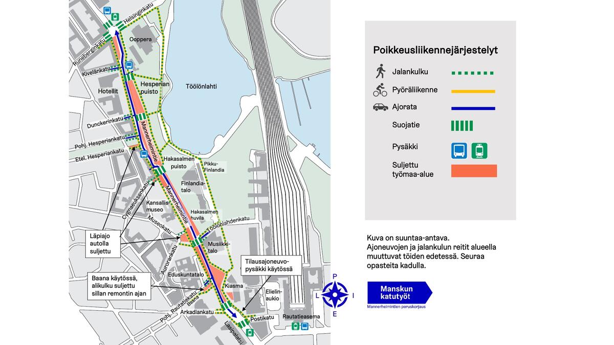 Kartta liikennejärjestelyistä Mannerheimintien työmaalla 17.8. alkaen.