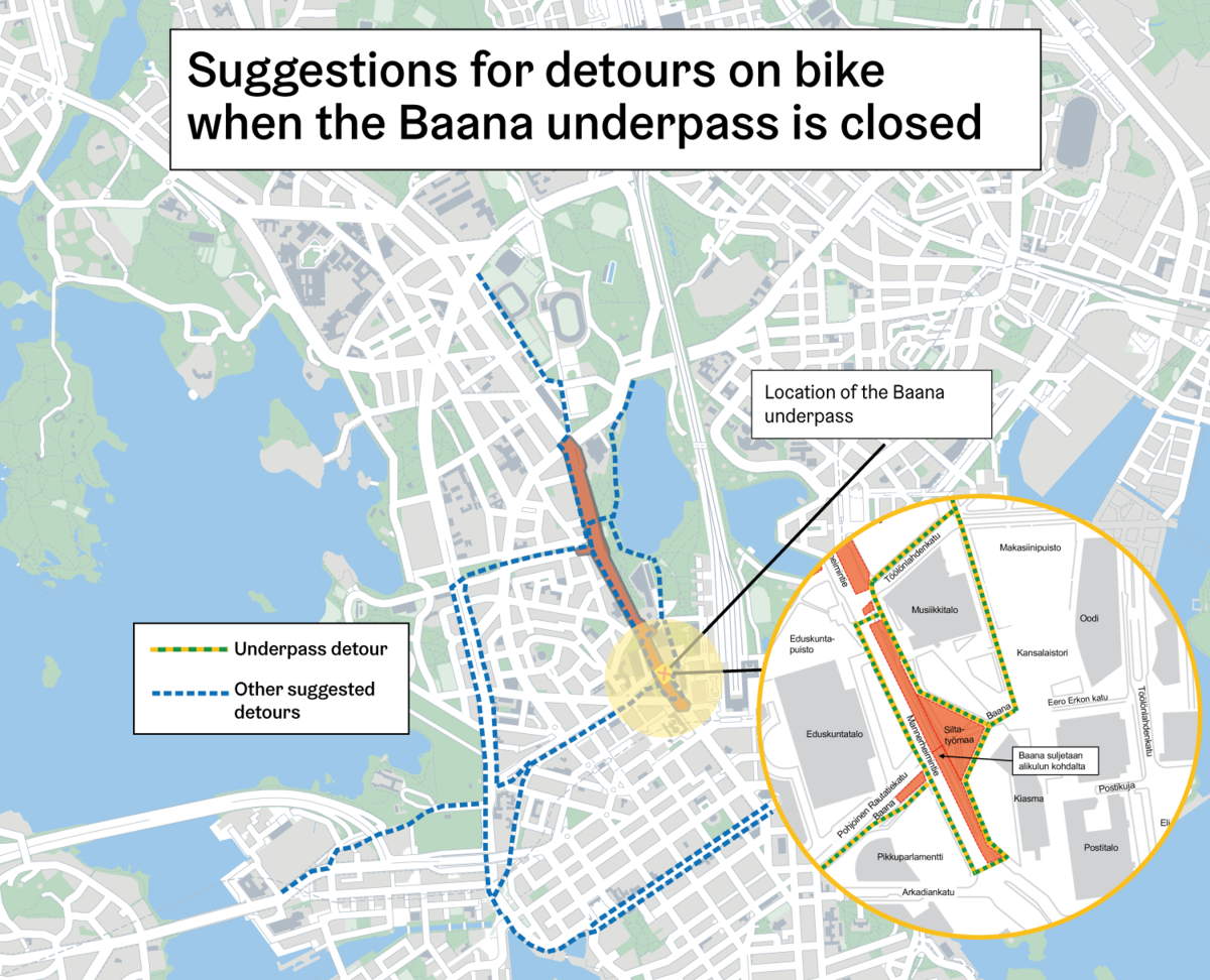 Suggestions for routes on bike when the Baana underpass is closed.