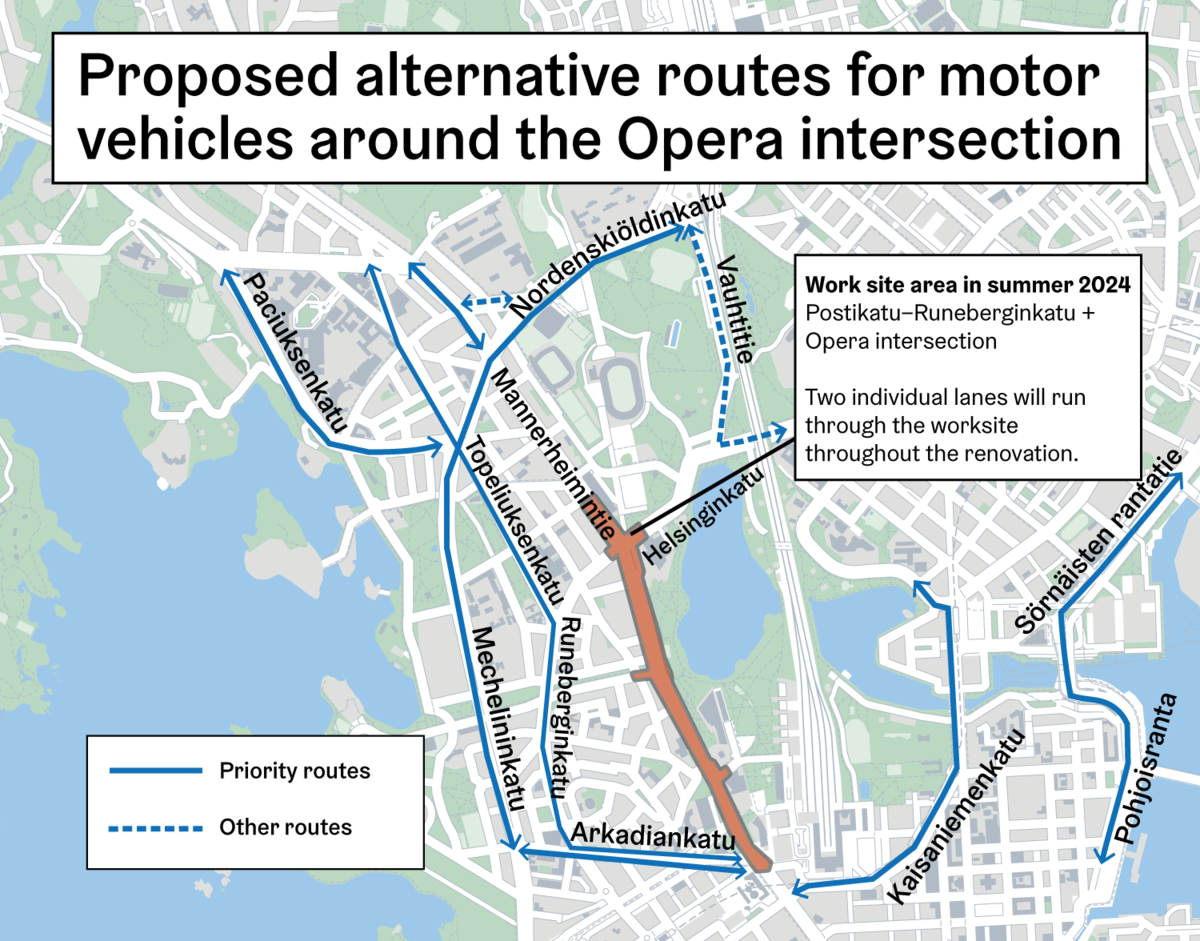 Proposed alternative routes for motor vehicles around the work site in the Opera intersection