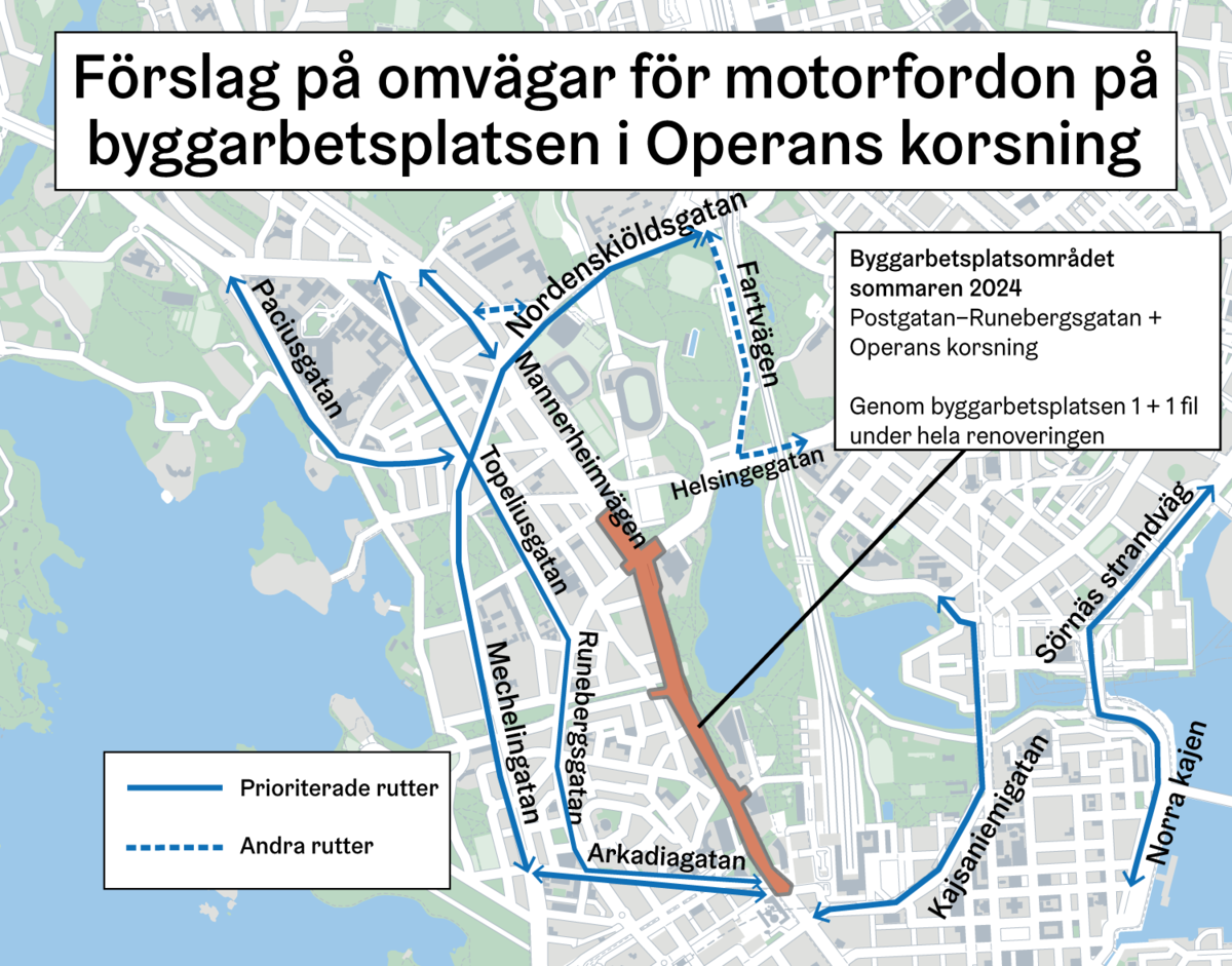 Förslag på omvägar för motorfordon på byggarbetsplatsen i Operans korsning