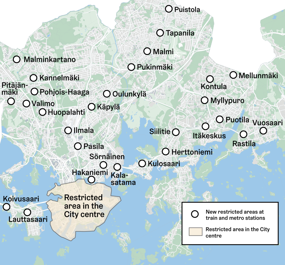 A map of the locations of the new restricted areas in Helsinki.