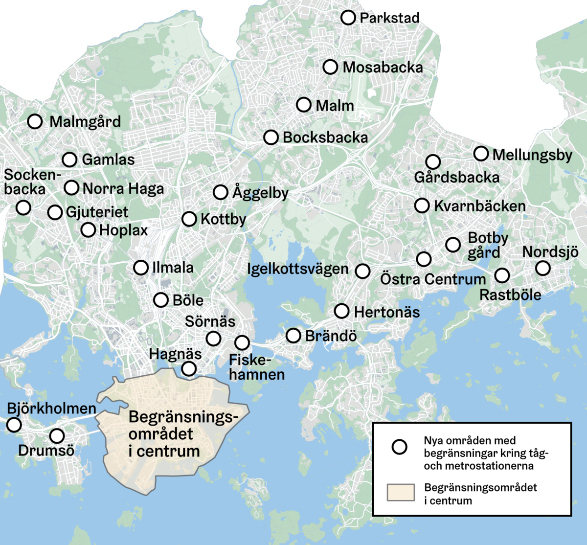 Karta som visar de nya områdena med begränsningar i Helsingfors. 