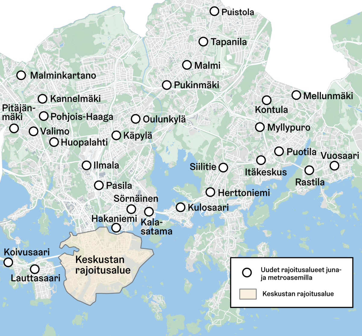 Kartta rajoitusalueiden sijainneista Helsingissä 2024.