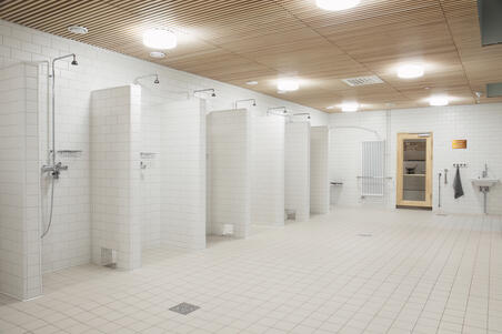  Yrjönkadun uimahallin ensimmäisen kerroksen suihkutilat.