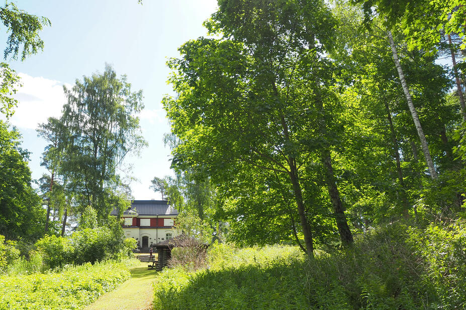 Lehtipuita edustalla, taustalla huvilarakennus.