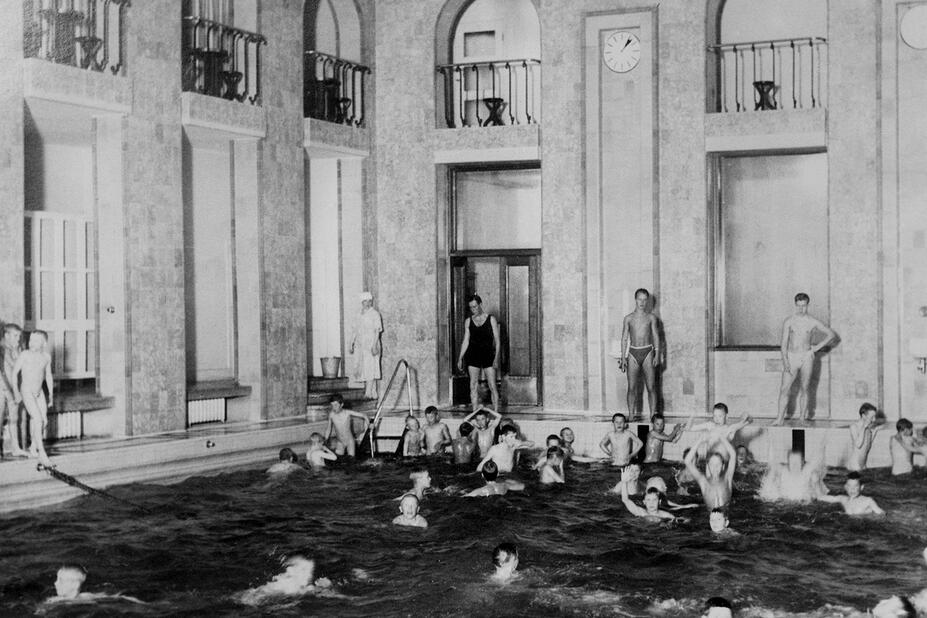 Mustalvalkoisessa kuvassa uimallas ja nuoria uimassa.