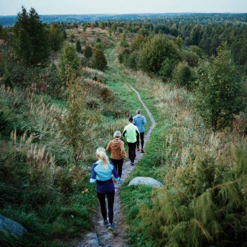 Joggare springer på en stig på Norsjötoppen i ett grönskande landskap.