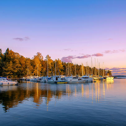 Kesäilta, venesatama ja veneitä laiturissa, taustalla metsää.