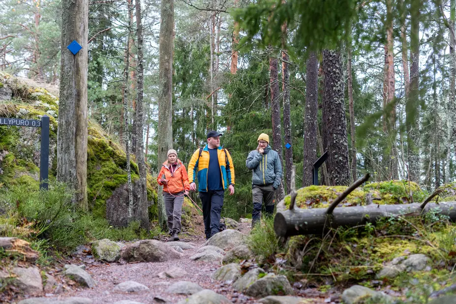 Retkeilijöitä kulkemassa metsäpolulla.