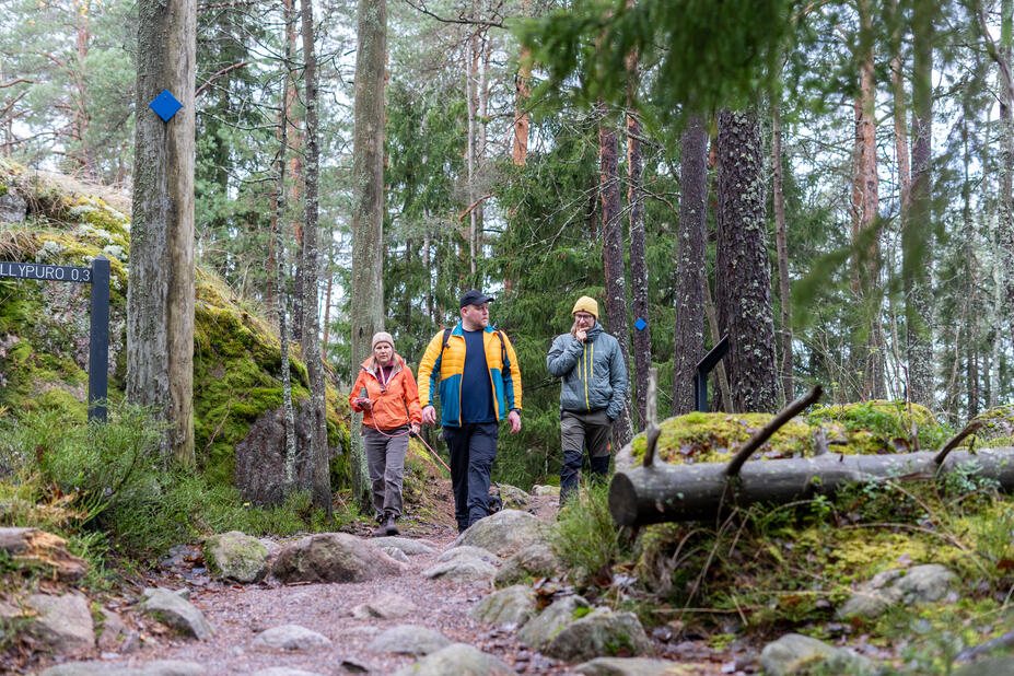 Retkeilijöitä kulkemassa metsäpolulla.