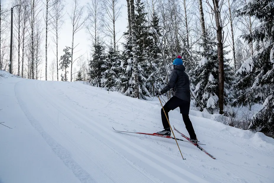 Henkilö hiihtämässä ylämäkeen haarakäynnillä. 