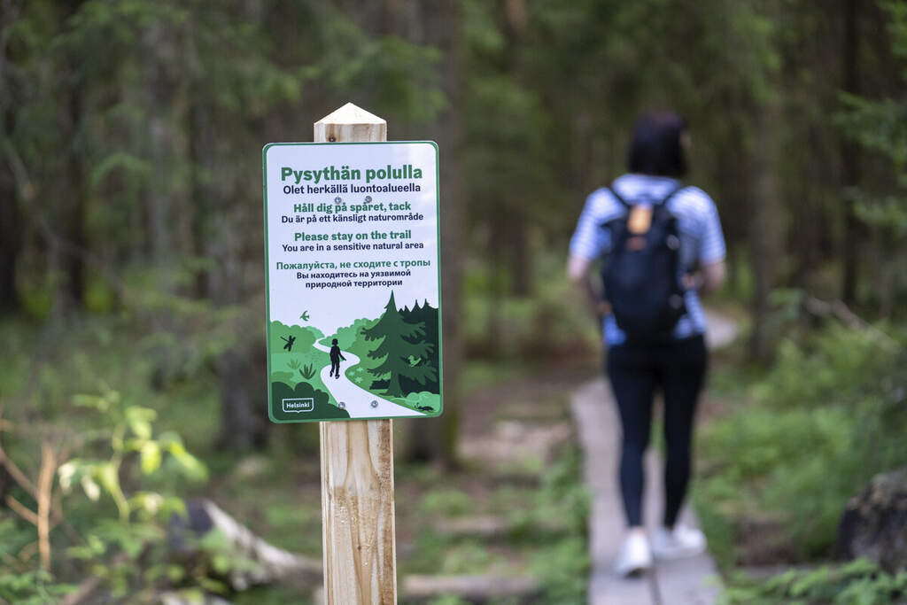 A hiker walks by a sign that instructs visitors to stay on the marked path on duckboards in the Haltiala primeval forest.