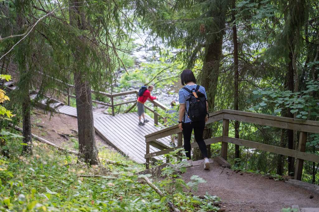 Ulkoilijoita Pitkäkosken äärellä puisella katselutasanteella ja portaissa