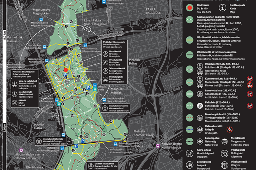 Keskuspuiston opaskartta, sisältää paljon tietoa puiston alueista ja reiteistä.