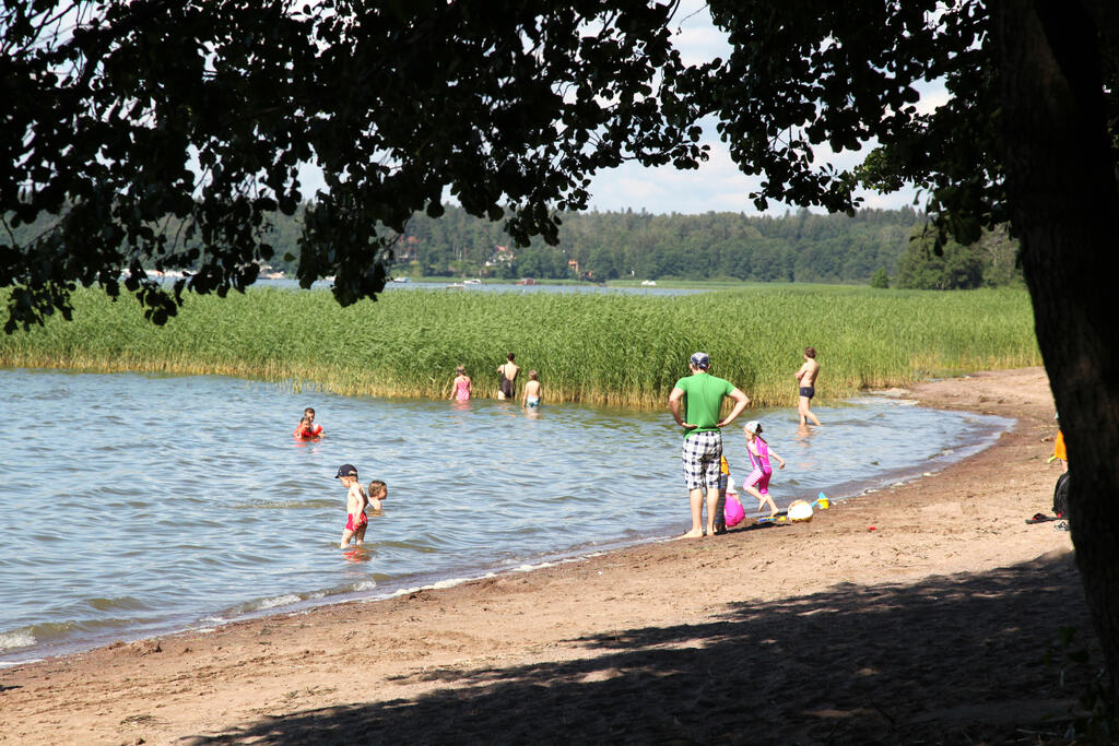 Puiden katveesta näkymä pienelle hiekkarannalle, jossa on lapsia uimassa.