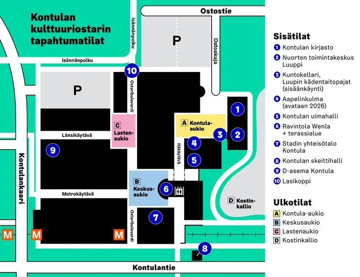 Infokartta Kontulan ostarialueen tapahtumatiloista. Kartan tiedot löytyvät kuvan yhteydestä tekstimuodossa.