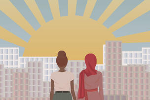 Kaksi henkilöä seisoo ja katsoo kaupunkia ja aurinko nousee.