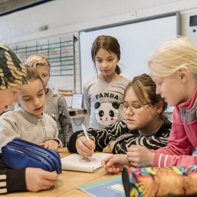 Lapset luokassa opettajan kanssa.