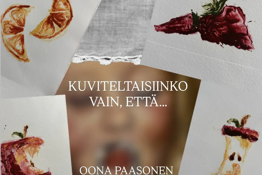 Opiskelija Oona Paasonen tekemiä piirroksia ja epätarkka valokuva kasvoista.