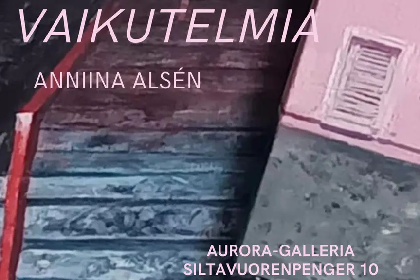 Yksityiskohta Anniina Alsénin maalauksesta, jossa portaita ja talon seinää.