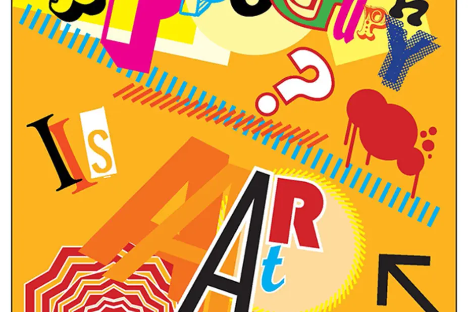 Kuvassa keltaisella pohjalla typografisia kokeiluja kirjaimilla