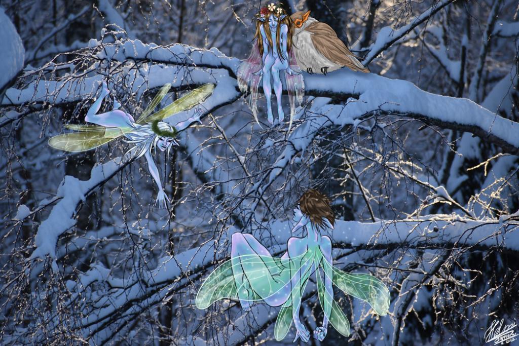 Opiskelija Helmi Jäppisen tekemässä kuvassa keijut seikkailevat puun lumisilla oksilla. Kuva: Helmi Jäppinen