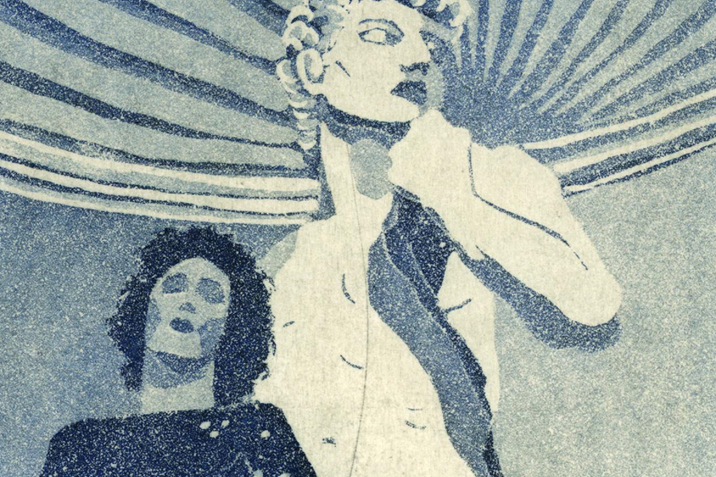 Grafiikanvedoksessa kuvattuna nainen ja Daavid patsas