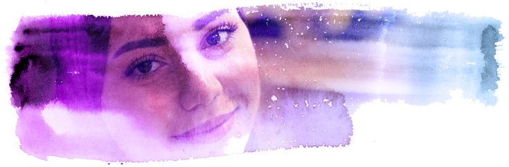 Kuvituskuvassa vesivärisutaisuun upotettu opiskelija hymyilee kameralle.