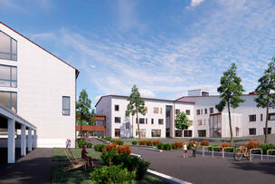 Havainnekuva rakennuksen sisäpihalta.