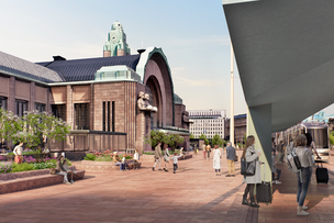 Havainnekuva rautatieaseman edestä, jossa ihmiset istuskelevat, kävelevät ja odottavat raitiovaunua.