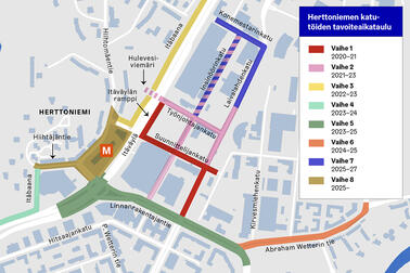 Karttakuva katutöiden alueista ja arvioiduista aikatauluista.