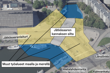 Jätkäsaaren kannaksen silta ja urakka-alue viistoilmakuvassa. 