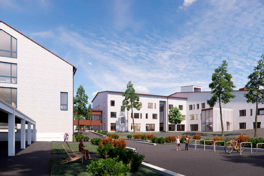 Havainnekuva rakennuksen sisäpihalta.