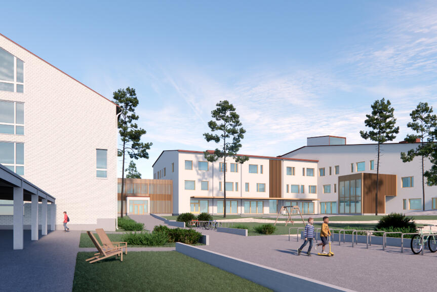 Havainnekuva perusparannetusta Pitäjänmäen peruskoulusta.