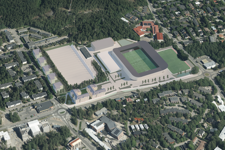 Havainnekuva Oulunkylän liikuntapuistosta, jossa näkyy myös uusi stadion.