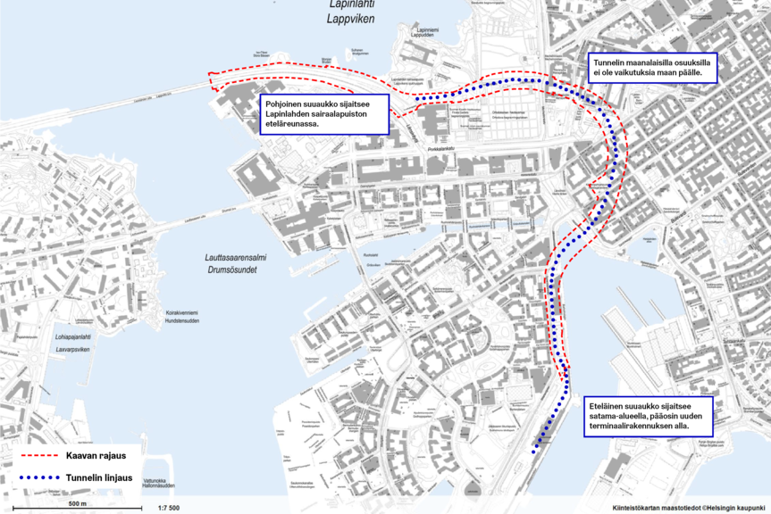 Kartta johon piirretty satamatunnelin linjaus.