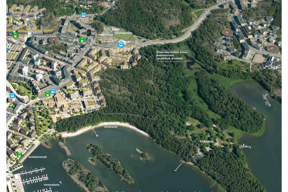 Digitaalisesti tehty havainnekuva, johon on merkitty rakentaminen.