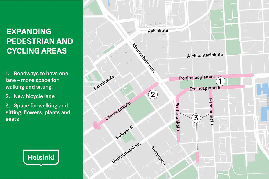 Expanding pedestrian and cycling areas shown on map.