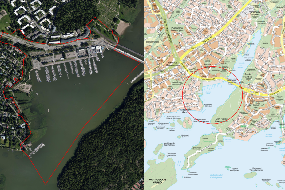 The planning area of Puotilanranta on the left. On the right its location on the map. Photo: Helsingin kaupunki