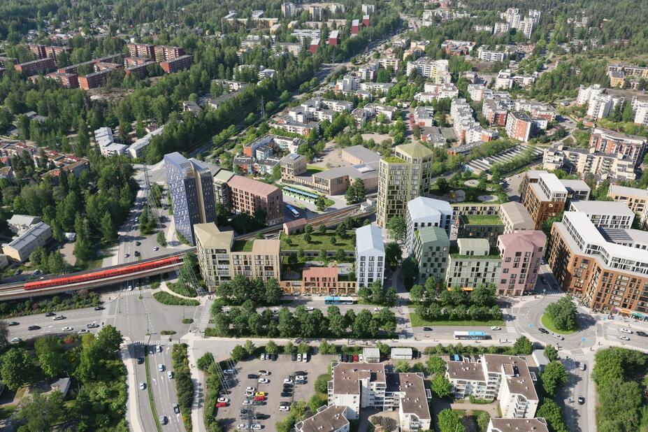 Digitaalisesti tehty havainnekuva Mellunmäen keskuksen suunnitelmasta.